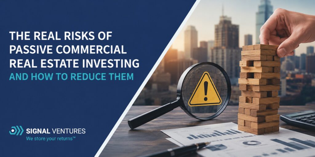 The Real Risks of Passive Commercial Real Estate Investing and How to Reduce Them blog banner with commercial real estate risk analysis concept